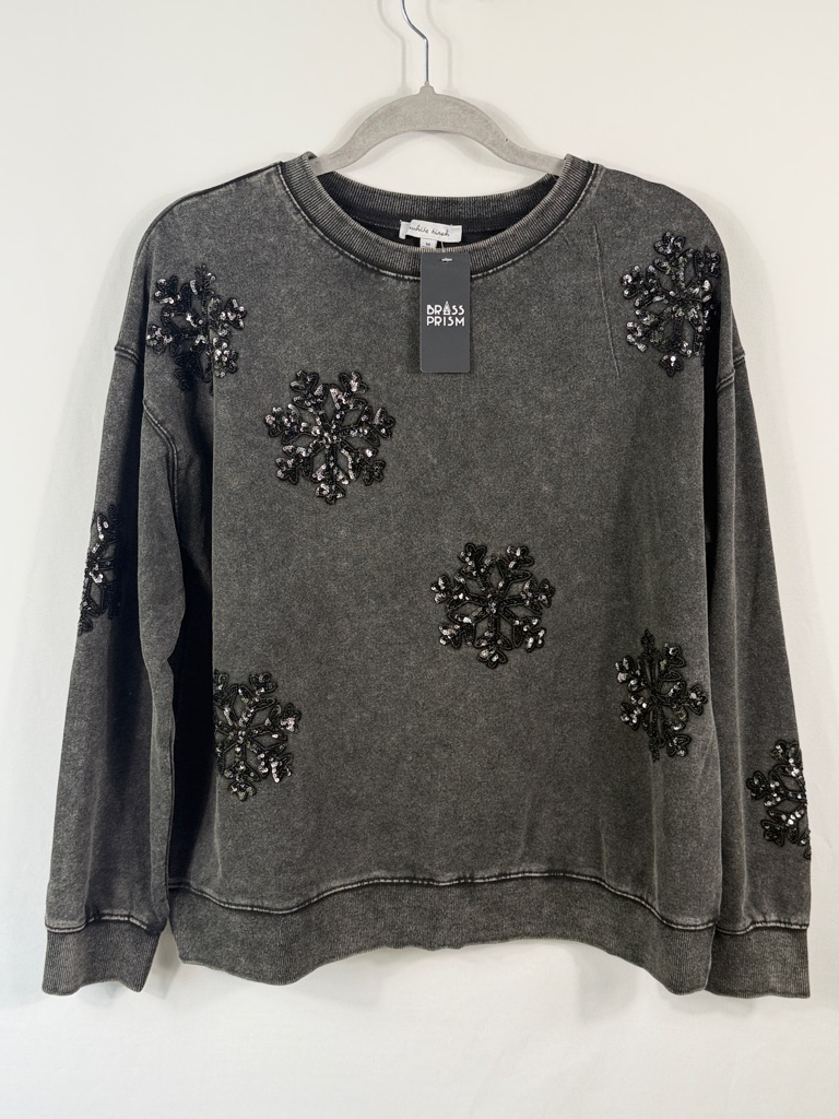 White Birch Black Embellished Crewneck Sweater. Snowflake Sequins. Size M